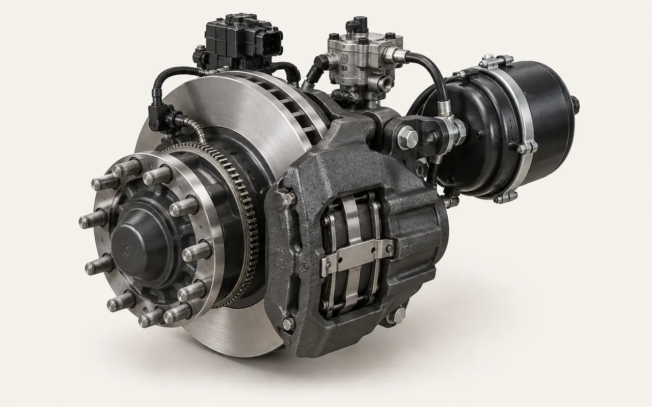 Radende eines schweren Nutzfahrzeugs: Bremsscheibe, Bremssattel, Bremszylinder, Ventil und ABS-Sensor (Illustration)