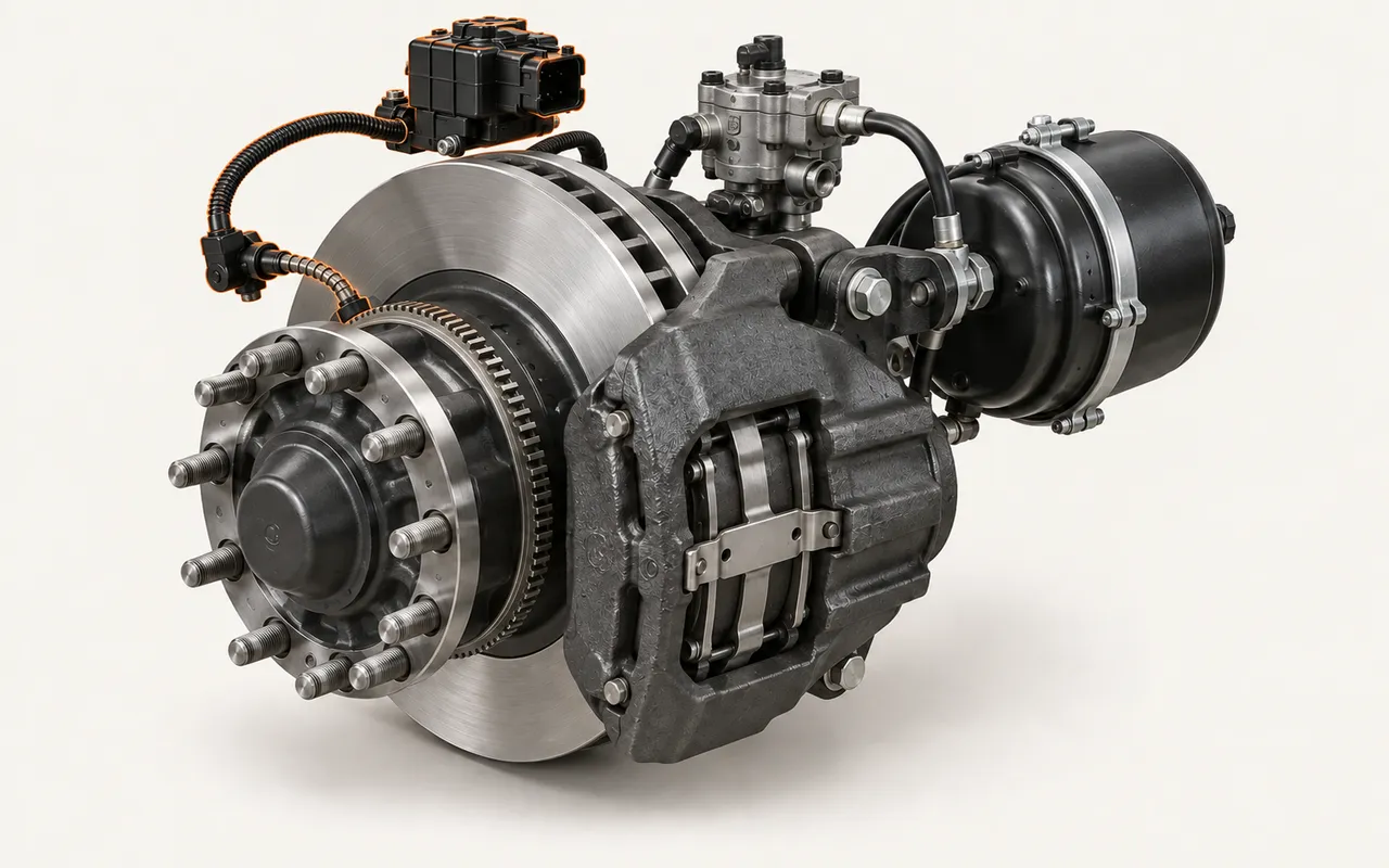 Brake disc and caliper, heavy commercial vehicle part (illustration)