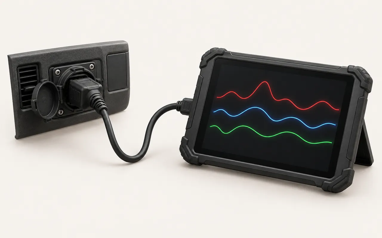 Diagnosetablet an der Diagnosebuchse eines Fahrzeugs (Illustration)
