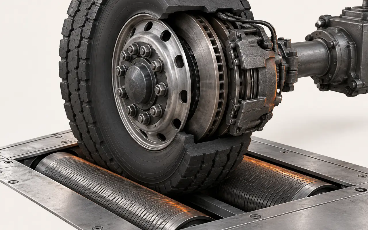 Wheel on the test rollers with brake disc and caliper (illustration)