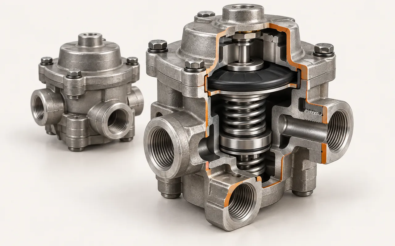 Cutaway of an air brake relay valve (illustration)