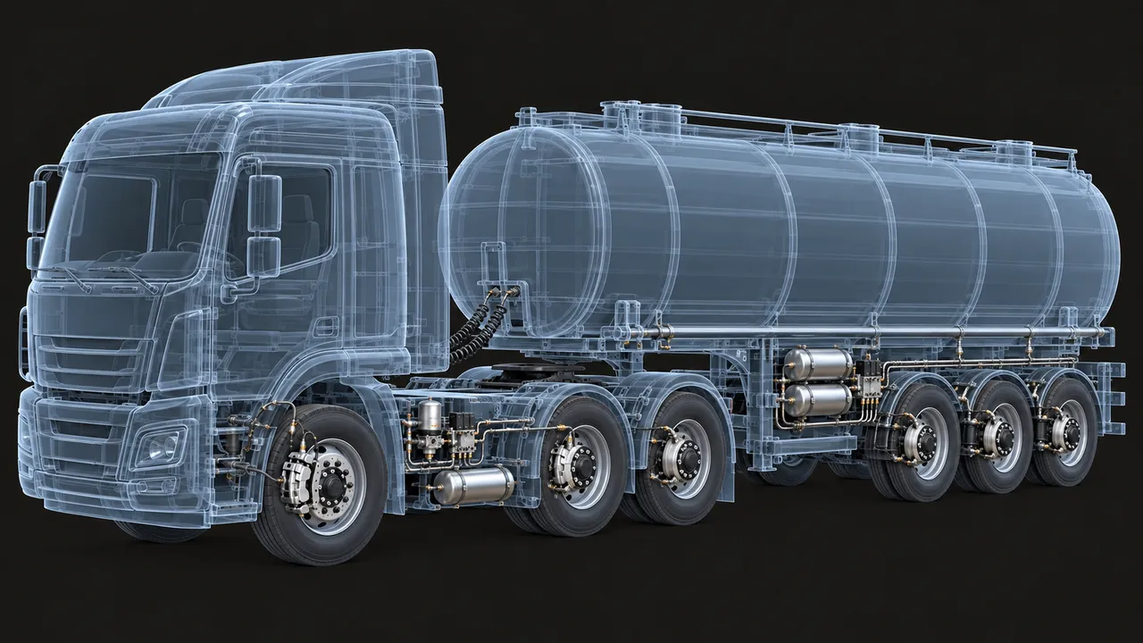 X-ray view of an ADR tanker: brake system of the tractor unit and tank semi-trailer (illustration)
