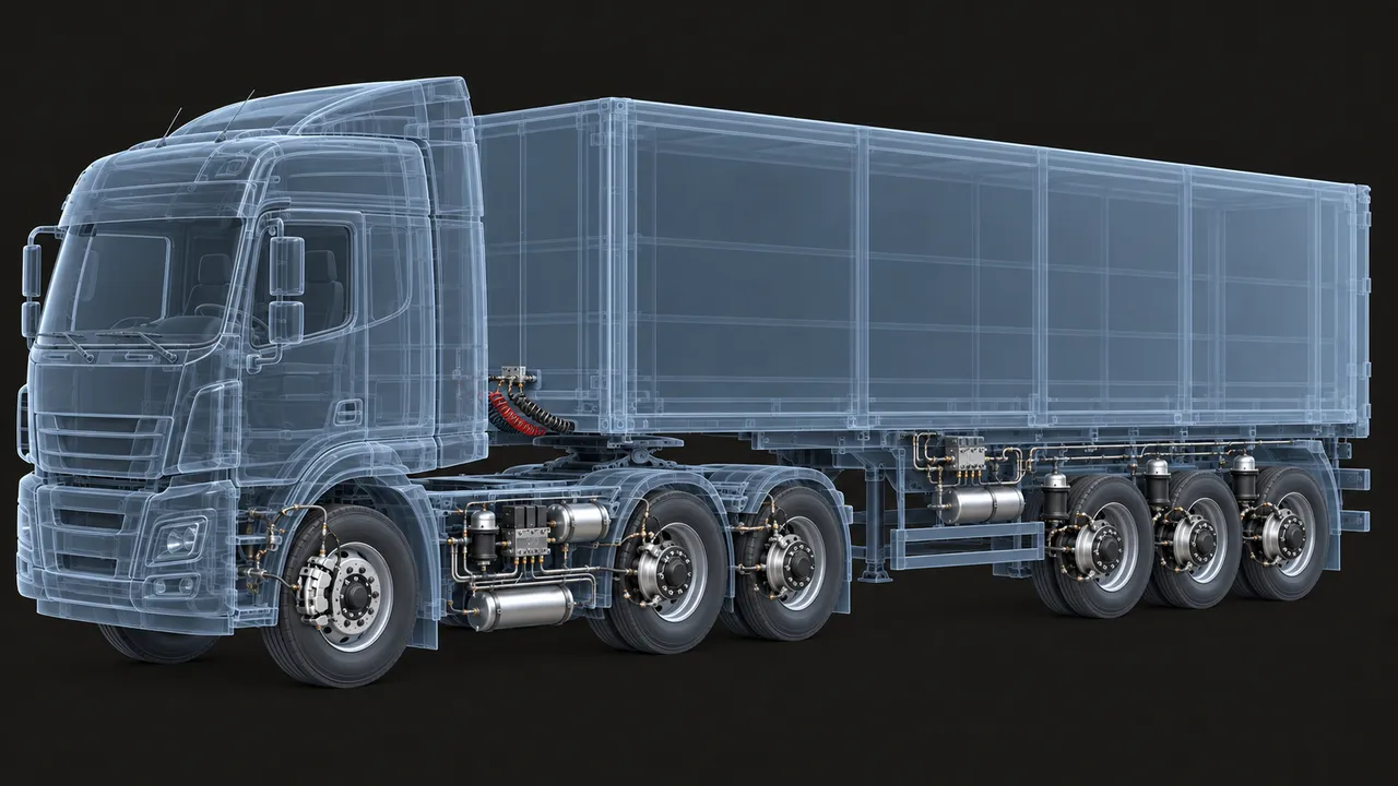 X-ray view of a tractor unit and semi-trailer: disc brakes, air tanks, valves, brake chambers (illustration)