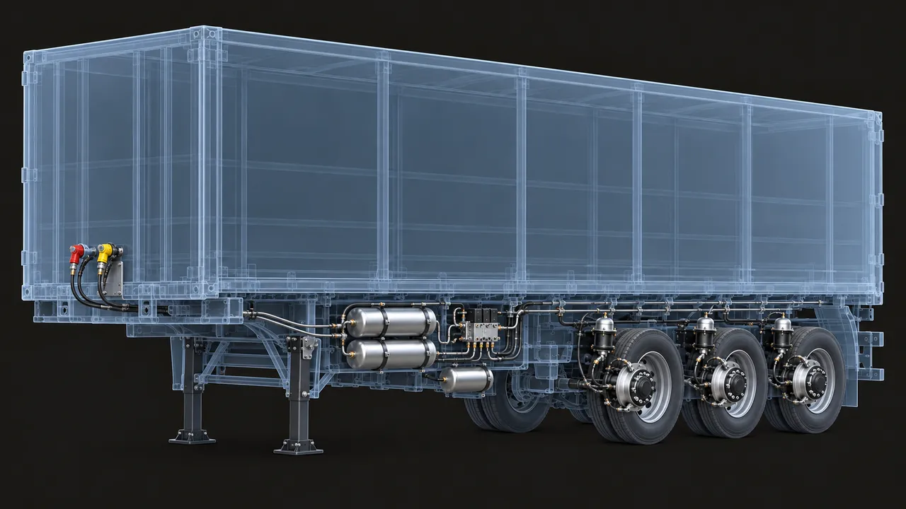 X-ray view of a semi-trailer: coupling heads, air tanks, EBS modulator, brake chambers and disc brakes (illustration)