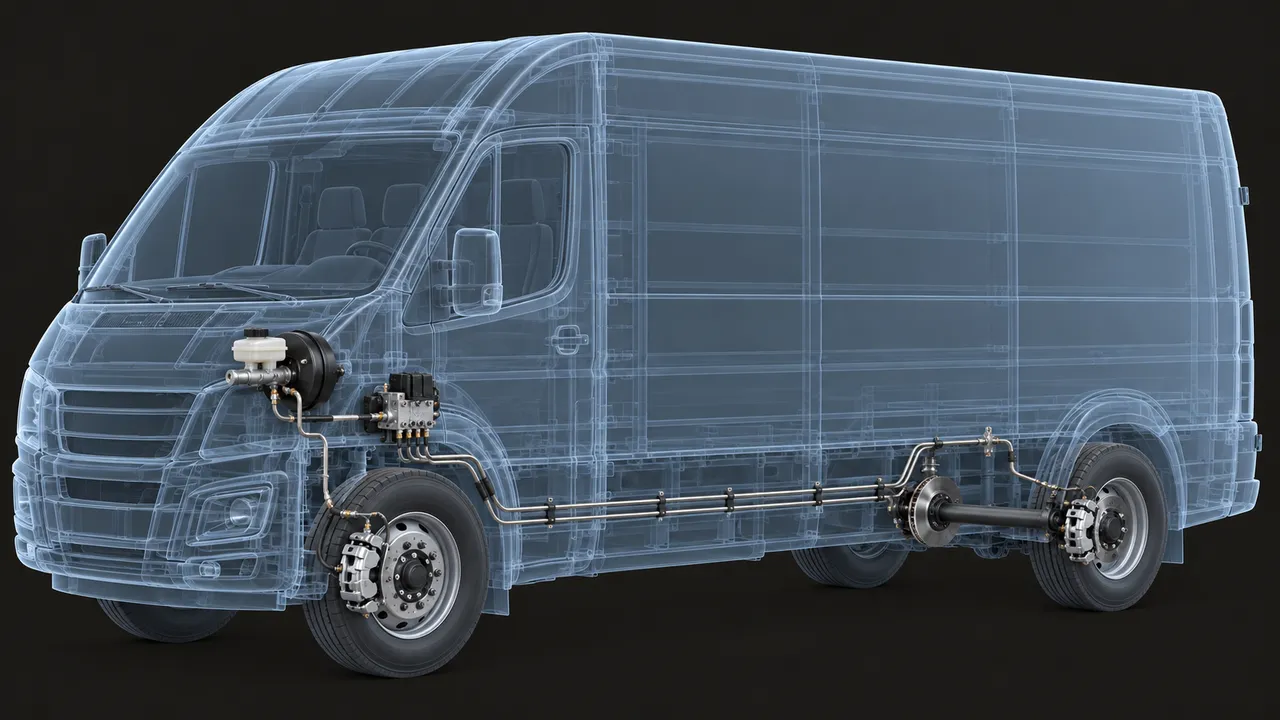 X-ray view of a light commercial vehicle: master cylinder, ABS unit, brake lines and disc brakes (illustration)