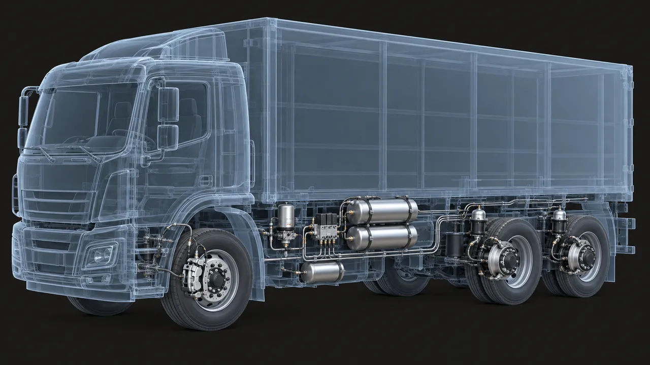 X-ray view of a truck: front disc brakes, air dryer, tanks, rear axle brakes and chambers (illustration)