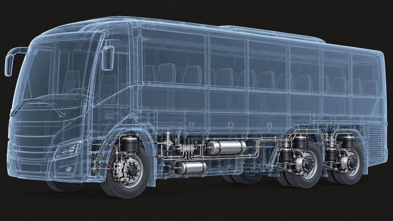 X-ray view of a bus: disc brakes, air suspension bellows, air tanks and valves (illustration)